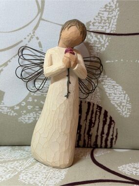Handcrafted Willow tre loving angle Cream Angel Figurine with Pink Rose